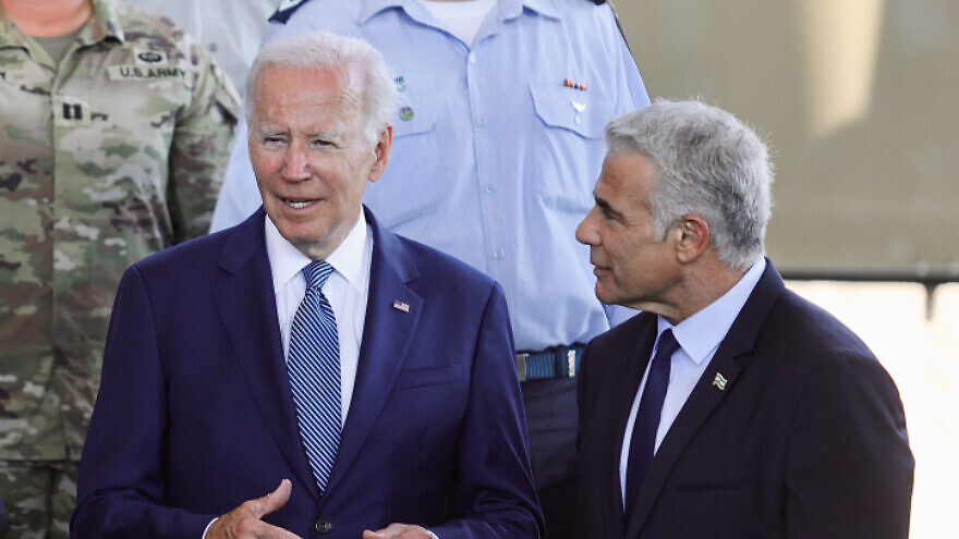 U.S. President Joe Biden and Israeli Prime Minister Yair Lapid review some of Israel's air-defense systems after Biden's arrival at Ben-Gurion Airport, on July 13, 2022. Photo by Marc Israel Sellem/POOL.