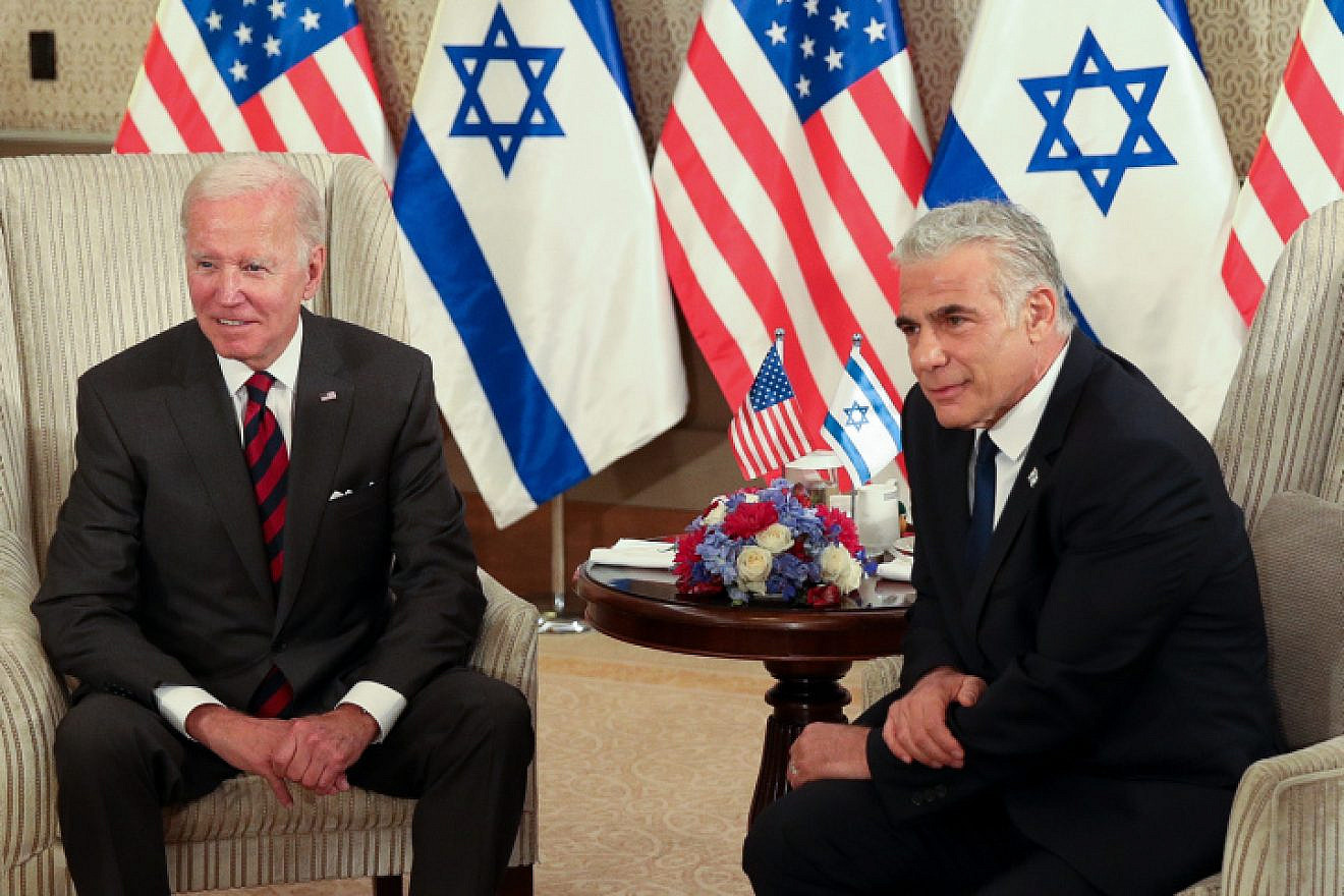 U.S. President Joe Biden meets with Israeli Prime Minister Yair Lapid in Jerusalem on July 14, 2022. Photo by Emil Salman/POOL.