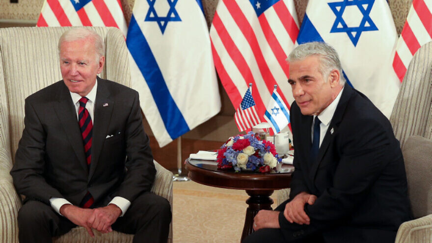 U.S. President Joe Biden meets with Israeli Prime Minister Yair Lapid in Jerusalem on July 14, 2022. Photo by Emil Salman/POOL.