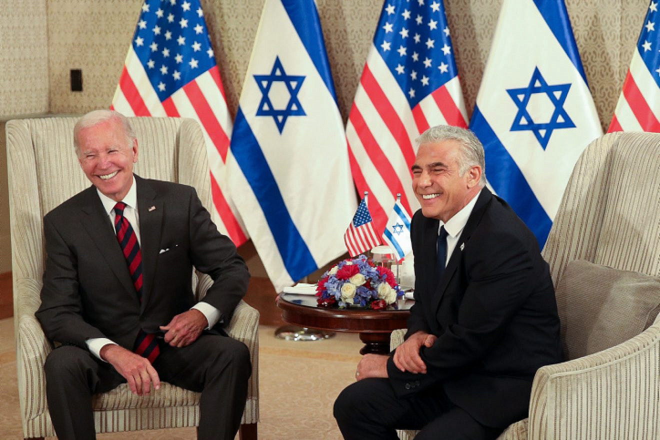 U.S. President Joe Biden meets with Israeli Prime Minister Yair Lapid in Jerusalem, on July 14, 2022. Photo by Emil Salman/POOL.