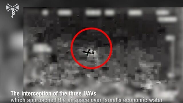 A surveillance photo of a Hezbollah-launched UAV flying towards Israel’s Karish natural-gas platform, prior to interception, on July 2, 2022. Photo courtesy of the IDF Spokesperson’s Unit.