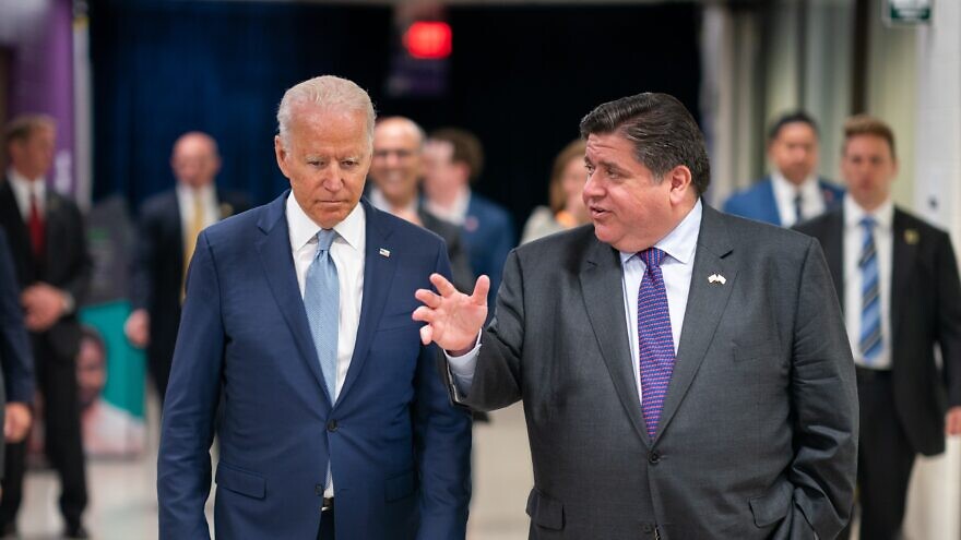 U.S. President Joe Biden talks with Illinois Governor J.B. Pritzker at McHenry County College in Crystal Lake, Ill., on July 7, 2021. Credit: Official White House Photo by Adam Schultz.