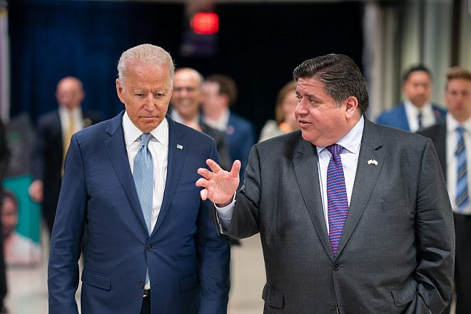 U.S. President Joe Biden talks with Illinois Gov. J.B. Pritzker at McHenry County College in Crystal Lake, Ill., on July 7, 2021. Credit: Official White House Photo by Adam Schultz.