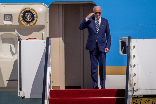 U.S. President Joe Biden boards Air Force One for Saudi Arabia at Ben-Gurion Airport, July 15, 2022. Photo by Yonatan Sindel/Flash90.