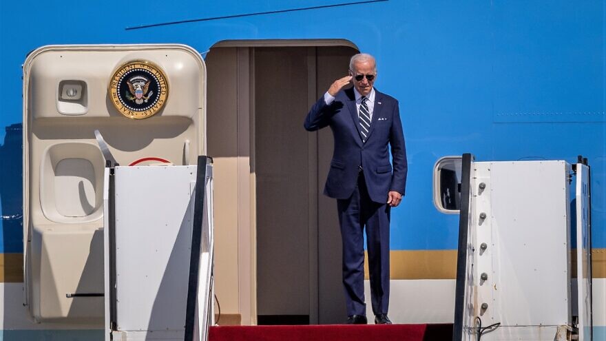 U.S. President Joe Biden boards Air Force One for Saudi Arabia after a farewell ceremony in his honor at Ben-Gurion International Airport near Tel Aviv on July 15, 2022. Photo by Yonatan Sindel/Flash90.