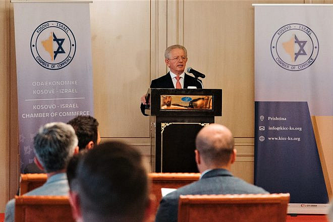 Kosovar Foreign Minister Skënder Hyseni addresses the inaugural event of the Kosovo-Israel Chamber of Commerce in the capital of Pristina on June 29, 2022. Credit: Courtesy.