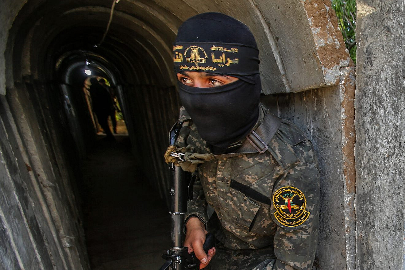 A member of the Al-Quds Brigades of Palestinian Islamic Jihad, inside an attack tunnel in Beit Hanun in the northern Gaza Strip, May 18, 2022. Credit: Attia Muhammed/Flash90.