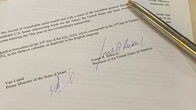 The signatures of U.S. President Joe Biden and Israeli Prime Minister Yair Lapid on The Jerusalem U.S.-Israel Strategic Partnership Joint Declaration, on July 14, 2022. Photo: Courtesy.