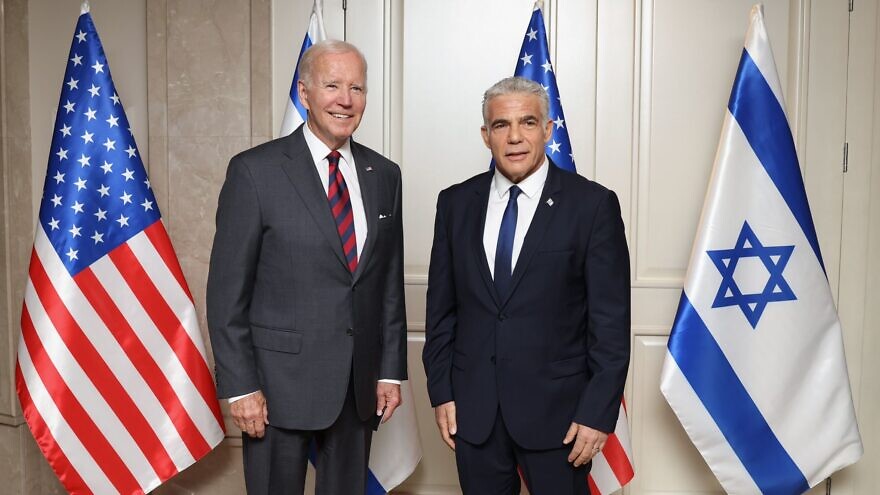 U.S. President Joe Biden meets with Israeli Prime Minister Yair Lapid in Jerusalem on July 14, 2022. Credit: Avishag Shaar-Yashuv/GPO.