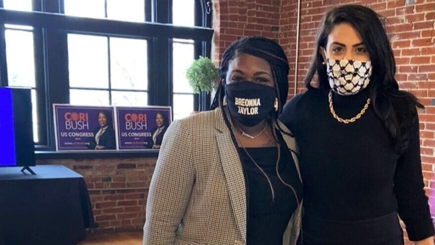 Rep. Cori Bush (D-Mo.) with Naveen Ayesh, a government relations coordinator for the St. Louis Chapter of the American Muslims for Palestine, at a campaign event. Source: Twitter.