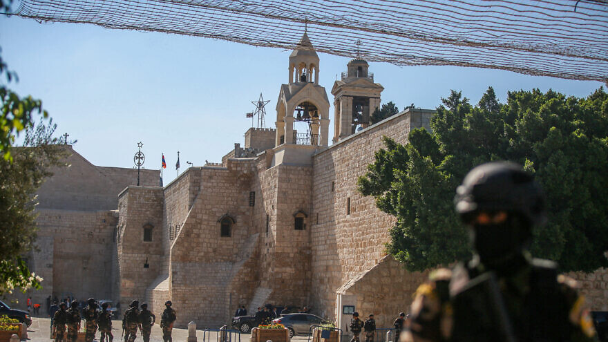 Palestinian Authority security forces guard outside the Church of Nativity in Bethlehem on July 14, 2022, before the visit of U.S. President Joe Biden on July 15, 2022. Photo by Flash90.