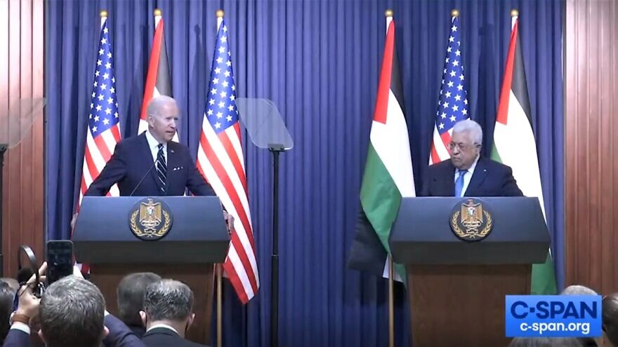 U.S. President Joe Biden meets with Palestinian Authority leader Mahmoud Abbas in Bethlehem on July 15, 2022. Credit: Courtesy of ©C-SPAN.