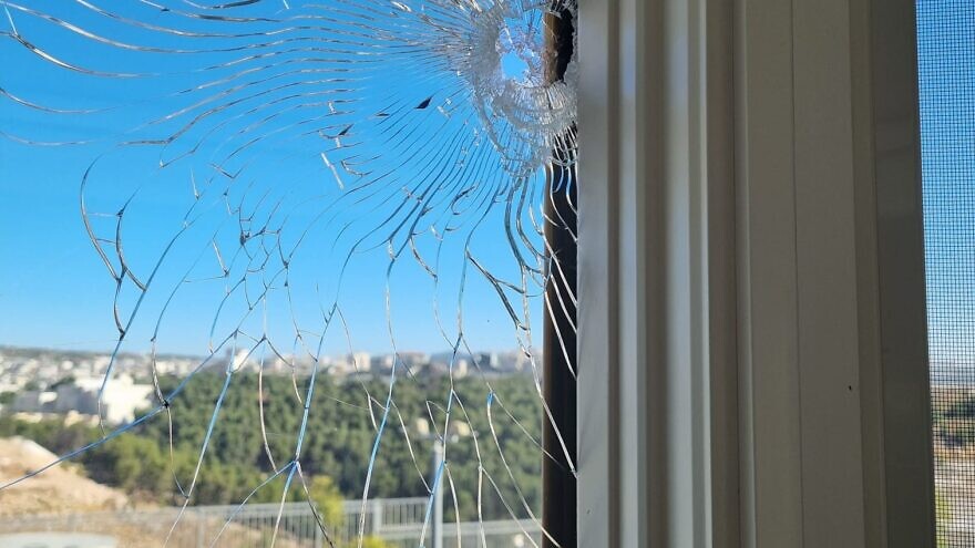 One of the bullets pierced a window in Michael Sperber's Efrat home, which was fired on from Bethlehem on July 25, 2022. Credit: Courtesy.