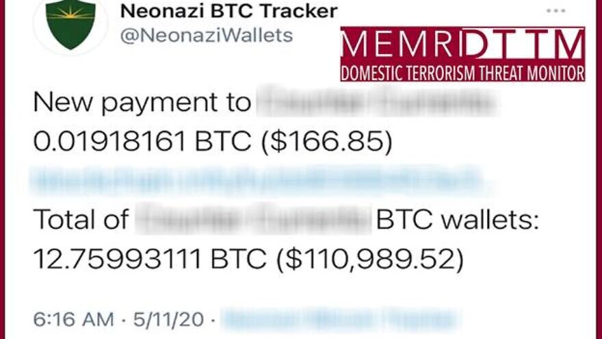A tweet on total bitcoin held by a neo-Nazi publisher, May 11, 2020. Credit: MEMRI.