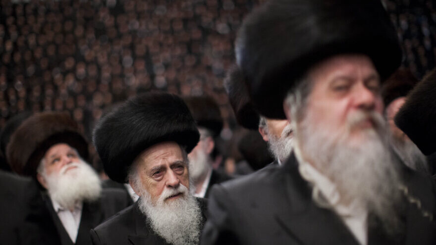 Jews of the Belz Chassidic Dynasty wear shtreimels at a wedding on June 10, 2014. Photo by Yonatan Sindel/Flash90.