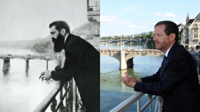 Israeli President Isaac Herzog reenacting a famous photograph of Theodor Herzl. Photo: Haim Zach/GPO