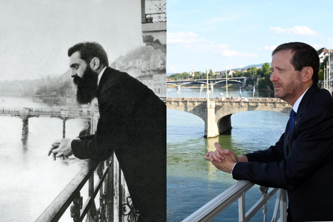 Israeli President Isaac Herzog reenacting a famous photograph of Theodor Herzl. Photo: Haim Zach/GPO