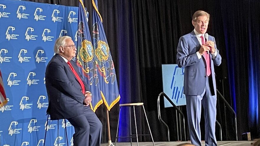 Former U.S. Ambassador to Israel David Friedman and Pennsylvania Senate candidate Dr. Mehmet Oz at a campaign event in Philadelphia on Aug. 17, 2022. Photo by Jonathan S. Tobin.