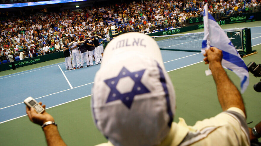 Andy Ram and Jonathan Erlich of Israel celebrate after defeating Russia's Marat Safin and Igor Kunitsyn in their Davis Cup World Group quarter-final doubles tennis match in Tel Aviv, July 11, 2009. Photo by Uri Lenz/ Flash90.