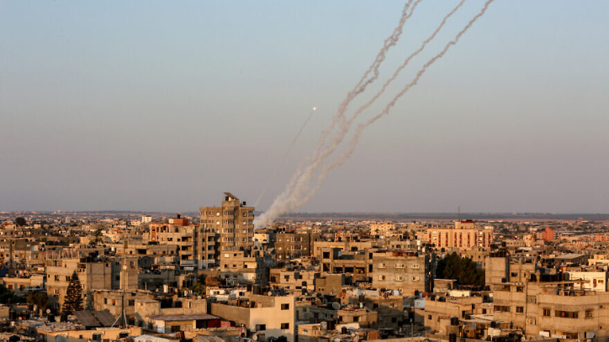 Terrorist groups in Rafah launch rockets towards Israel, on August 7, 2022. Photo by Abed Rahim Khatib/Flash90.