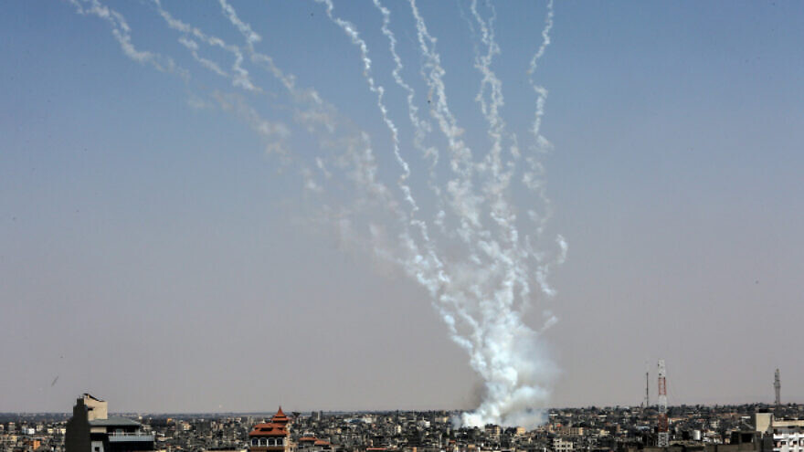Rockets are fired toward Israel from Rafah, in the Gaza Strip, on August 7, 2022. Photo by Abed Rahim Khatib/Flash90.