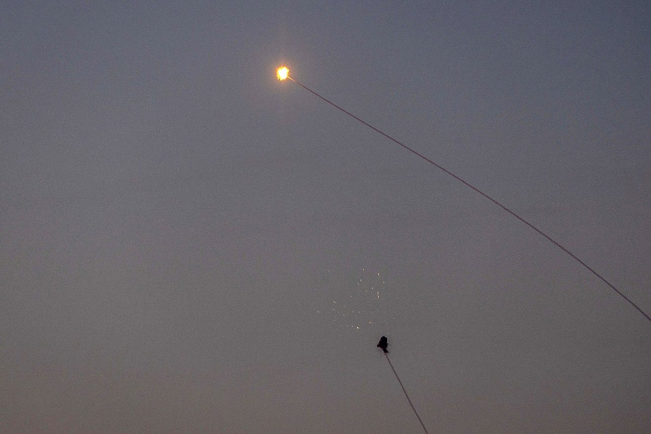 Israel's Iron Dome missile-defense system fires at rockets launched from the Gaza Strip at Israel on Aug. 7, 2022. Photo by Yonatan Sindel/Flash90.
