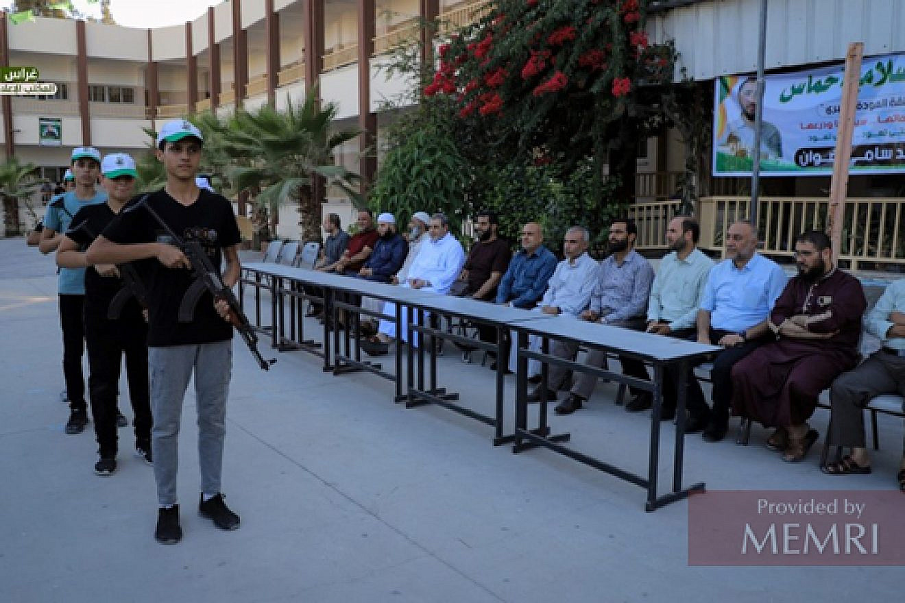 Weapons training at summer camp in northern Gaza Strip; Among the spectators is Hamas official Mushir Al-Masri, July 25-28, 2022. Credit: MEMRI.