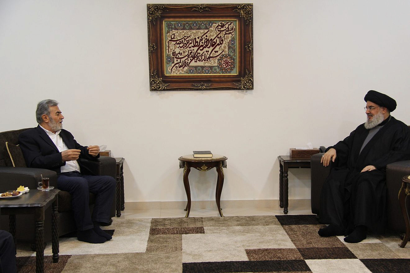 Hezbollah Chief Hassan Nasrallah (right) meets the head of Palestinian Islamic Jihad, Ziad Al-Nakhalah, Aug. 24, 2022. Credit: Hezbollah Media Relations Office.
