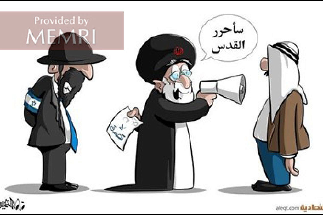 A cartoon in the Saudi daily “Al-Iqtisadiyya”: Iran says, “I will liberate Jerusalem," while showing Israel a note stating that it should not believe its statements, Aug. 8, 2022. Credit: MEMRI.