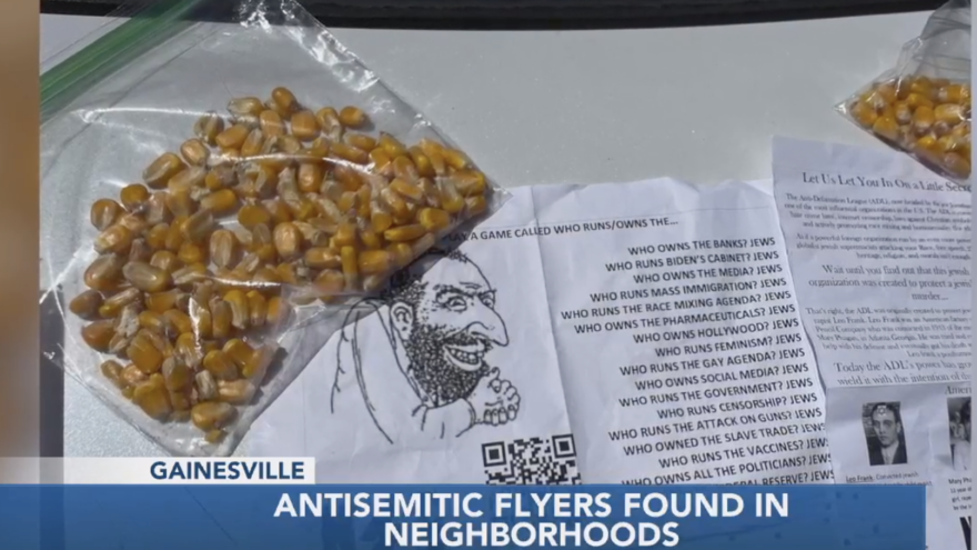 Two of the hate-filled fliers that were left outside homes in Gainesville, Fla., in August 2022. Source: Screenshot/WCJB.