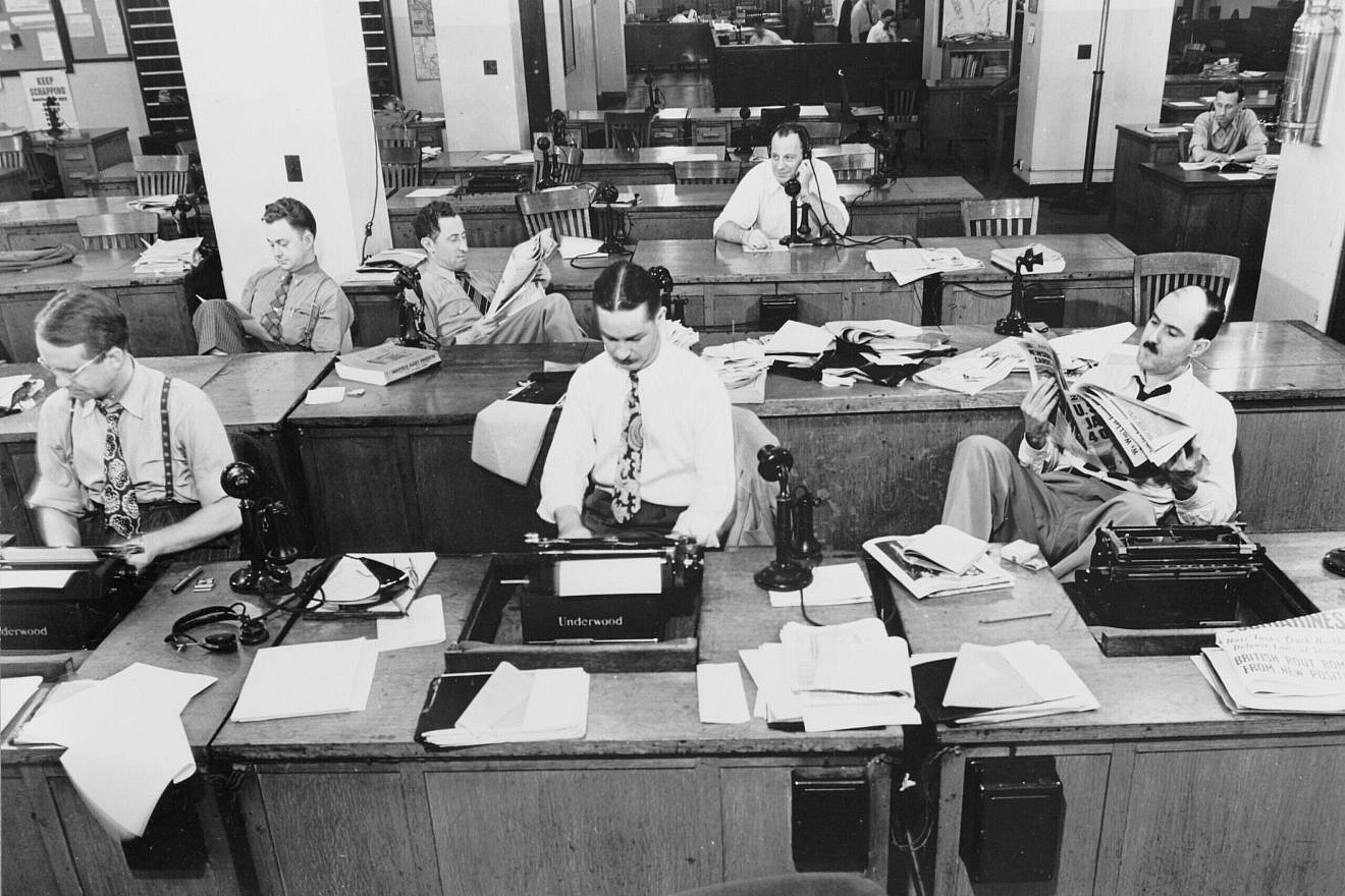 “The New York Times” newsroom, 1942. Credit: Marjory Collins/United States Library of Congress Prints and Photographs Division via Wikimedia Commons.