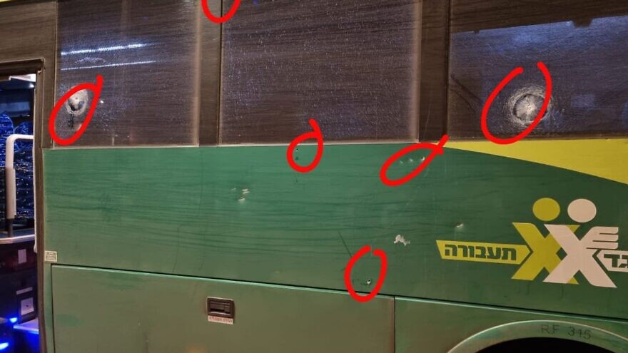 An Israeli bus came under fire from the Arab village of Silwad while on Route 60 in Judea and Samaria (bullet holes circled in red) on Aug. 20, 2022 Credit: Courtesy of United Hatzalah.