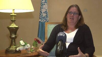 Sarah Muscroft, then head of the Regional Office for East Africa at United Nations OCHA (Office for the Coordination of Humanitarian Affairs), during an interview in Amman, Jordan in 2015. Source: Screenshot.