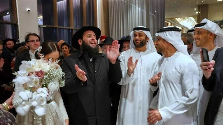 Rabbi Levi and Lea Duchman with well-wishers right after their marriage. With 1,500 guests from around the world, including leading rabbis, dignitaries and Emirati royals, the wedding was the largest Jewish event in the history of the United Arab Emirates. Credit: Jewish UAE/Christopher Pike.