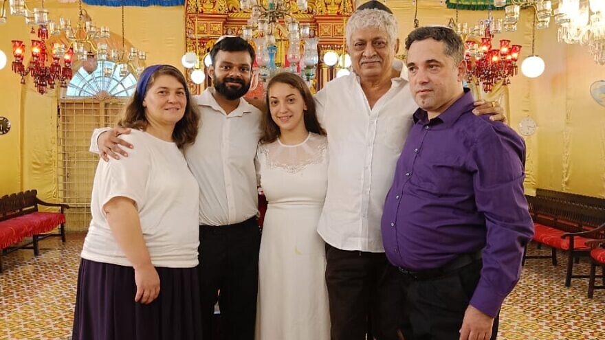 Thapan Dubayehudi (second left) and his bride celebrate their wedding at the Kadavumbhagham Ernakulam Synagogue in Kochi last month, under the auspices of community leader Elias Josephai (second right). Photo by Thapan Dubayehudi.