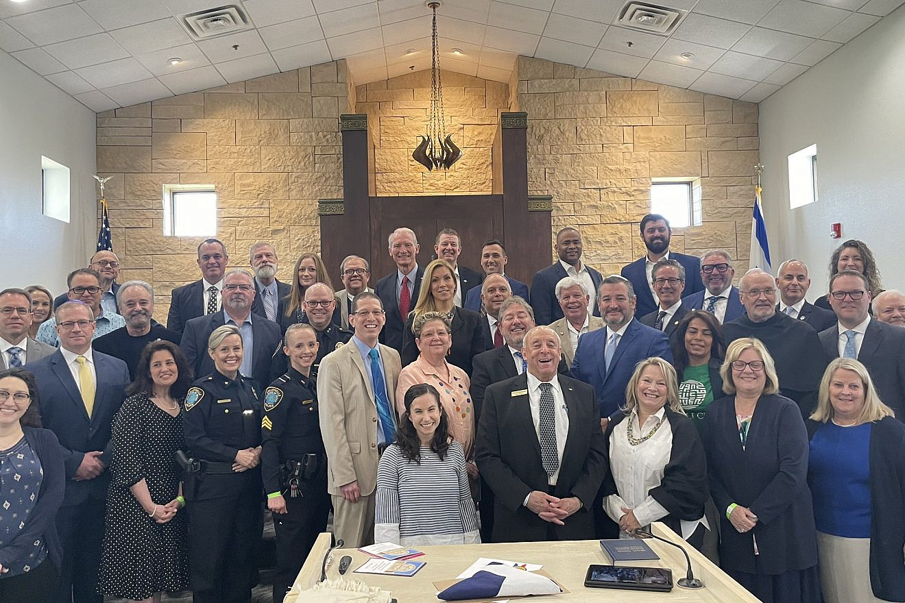 Sen. Ted Cruz (R-Texas) attends the rededication ceremony at Congregation Beth Israel in Colleyville, Texas, on April 10, 2022, four months after a hostage standoff there. Source: Twitter.