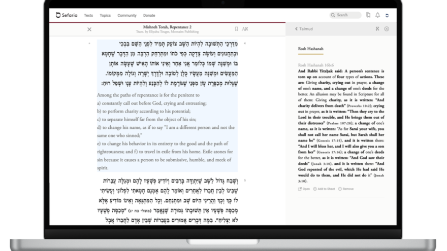 Screenshot of English translation of the Mishneh Torah on Sefaria.org. Photo: Courtesy.