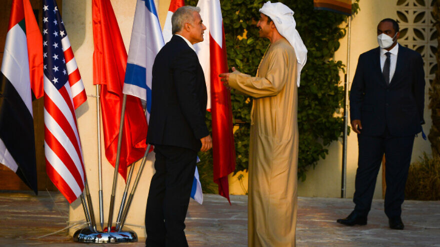 Then-Israeli Foreign Minister Yair Lapid meets with UAE Foreign Minister Sheikh Abdullah bin Zayed Al Nahyan at the Negev Summit in Sde Boker, March 27, 2022. Credit: Flash90.