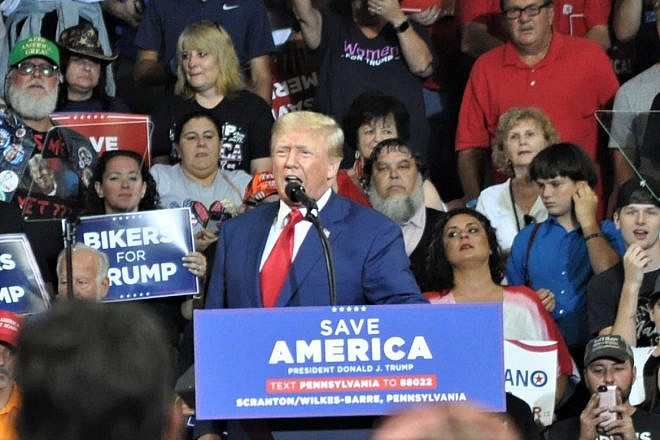 Former President Donald Trump holds a rally for supporters in Wilkes-Barre, Pa., on Sept. 3, 2022. Source: Twitter/Mohegan Sun Arena.