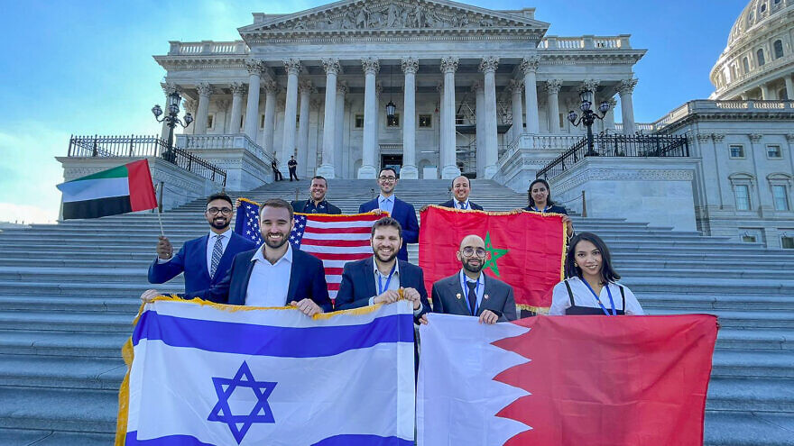 A delegation of young leaders from Abraham Accords countries on the steps of the U.S. House of Representatives. Credit: Courtesy of ISRAEL-is.