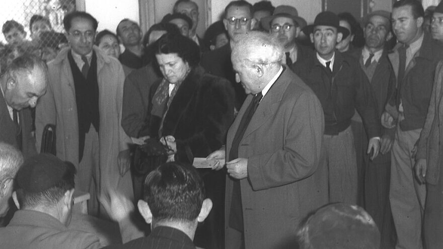 Prime Minister Ben-Gurion casts his vote for the Israeli Constituent Assembly on January 25, 1949. Two days after its first meeting, legislators voted to change the name of the body to the Knesset. Source: Wikimedia Commons.