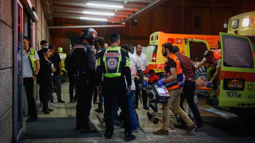 An Israeli man wounded in a terrorist attack near Kiryat Arba is taken to Hadassah Medical Center in Jerusalem's Ein Kerem, Oct. 29, 2022. Credit: Olivier Fitoussi/Flash90.