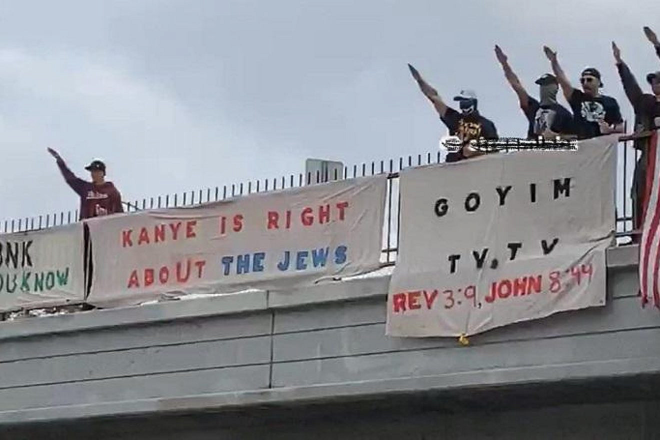 The Goyim Defense League hung banners supporting Kanye "Ye" West's comments about Jews over a Los Angeles bridge, Oct. 22, 2022. Source: Twitter.