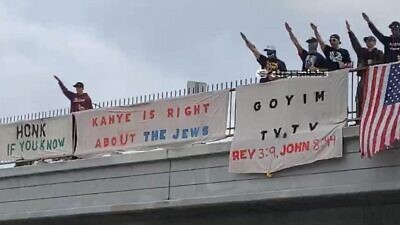 The "Goyim Defense League, led by white supremacist Jon Minadeo II hung banners supporting Kanye "Ye" West's comments about Jews over a Los Angeles bridge, Oct. 22, 2022. Source: Twitter.