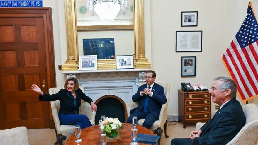 Israeli President Isaac Herzog and House Speaker Nancy Pelosi meet in the White House on Oct. 25, 2022. Credit: Kobi Gideon/GPO.