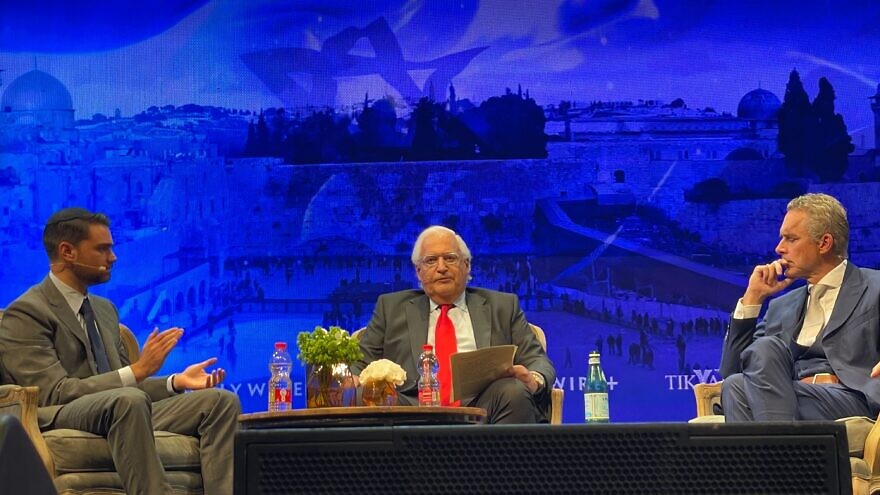 From left to right, Ben Shapiro, David Friedman and Jordan Peterson at Jerusalem’s International Convention Center on Thursday. Credit: Shimon Yair Cohen.