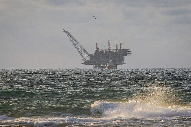 Israel's Leviathan gas field processing rig as seen from the Dor Habonim Beach Nature Reserve, Jan. 1, 2020. Credit: Flash90.