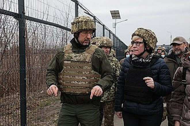 Lithuanian Prime Minister Ingrida Simonytė (right) and Ukrainian Prime Minister Denys Shmyhal visit the Luhansk Oblast in eastern Ukraine, Feb. 11, 2022. Credit: Wikimedia Commons.