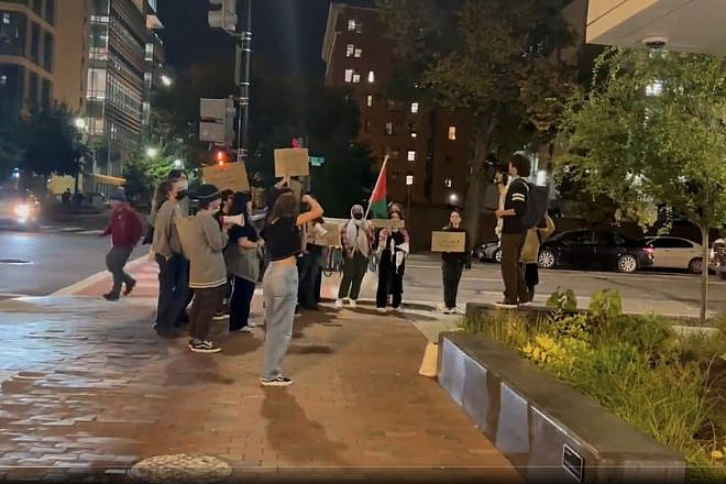 Members of the George Washington University’s Students for Justice for Palestine and Jewish Voice for Peace protest outside the university’s Hillel building calling for an “Intifada” against Israel on Oct. 11. Source: Twitter.