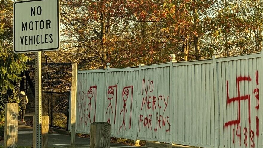 The anti-Semitic graffiti discovered on Monday in Bethesda, Md. Credit: Courtesy of Laura Rosenberg Hosid.